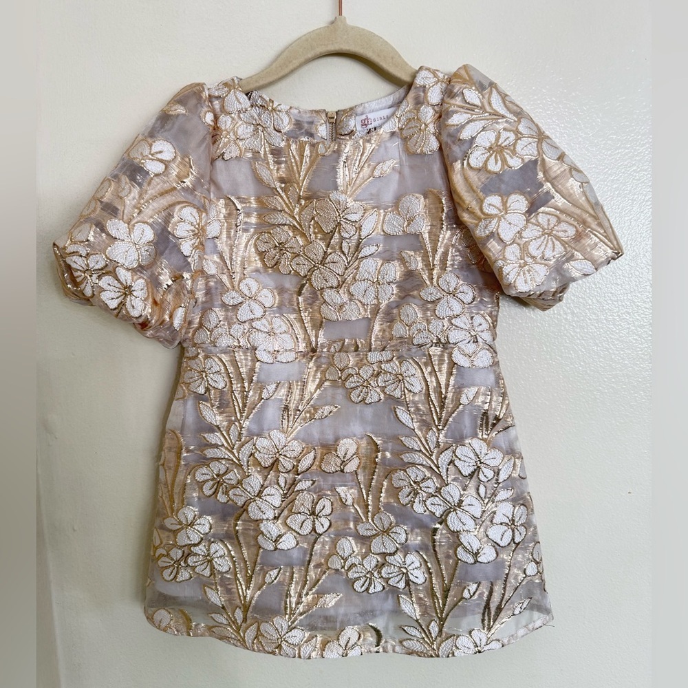 Girls Metallic Gold Floral Embroidered Dress